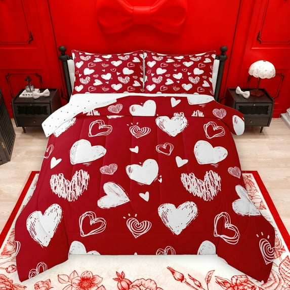 jejeloiu Graffiti Loves Pattern Bedding Comforter Set,Cute Hearts Twin Comforter Sets,Red White Bedding Set For Girls Kids,Luxury Bedroom Decor Reversible,2pcs