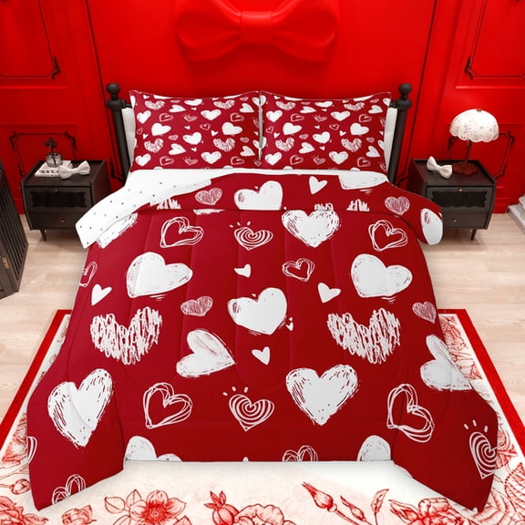 jejeloiu Graffiti Loves Pattern Queen Comforter Set,Cute Hearts Bedding Sets,Red White Bedding Comforter Set For Girls Kids,Luxury Bedroom Decor Reversible,3 Pieces