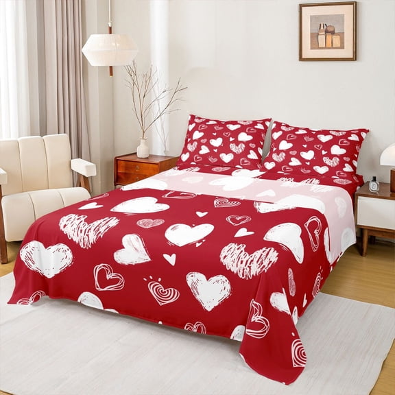 jejeloiu Graffiti Loves Pattern Twin Sheet Sets,Cute Hearts Twin Fitted Sheet,Red White Flat Sheet For Girls Kids,Luxury Bedroom Decor,3pcs
