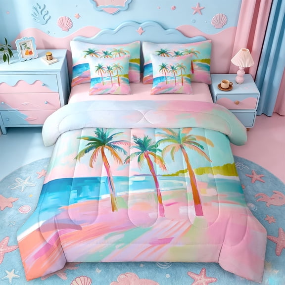 jejeloiu Graffiti Palm Tree 7-Piece Twin Bedding For Girls,Bright Beach Scene Bedding Comforter Set,Pink Turquoise,Pink Reversible