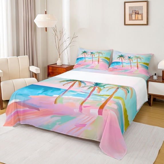 jejeloiu Graffiti Palm Tree Bed Sheets For Girls,Bright Beach Scene Full Size Sheets,Pink Turquoise,4-Piece,1 Flat Sheet, 1 Fitted Sheet and 2 Pillowcases