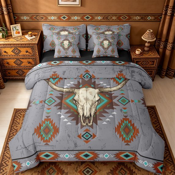 jejeloiu Gray Aztec 7-Piece Twin Bedding Sets Kids,Tribal Geometric Print Bedding Comforter SetFor Men,Reversible