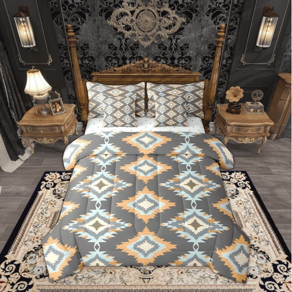 jejeloiu Gray Boho Bohemian Bedding Comforter Set 7 Pieces,Aztec Floral Full Bedding Set,Bohemian Geometric Fitted Sheet Flat Sheet For Adults,Breathable Room Decorative Reversible