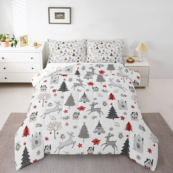 jejeloiu Gray Christmas Reindeer Queen Comforter Set,Cartoon Xmas Tree Bedding Sets,Happy New Year Bedding Comforter Set For Girl Boy,Super Cozy Room Decor Reversible,3 Pieces