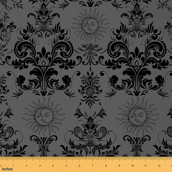 jejeloiu Gray Damask Fabric by the Yard 1 Yard,Gothic Flower Home Decor Fabric by the Yard,Boho Sun Flower Sewing Fabric,Breathable Bedroom Decorative
