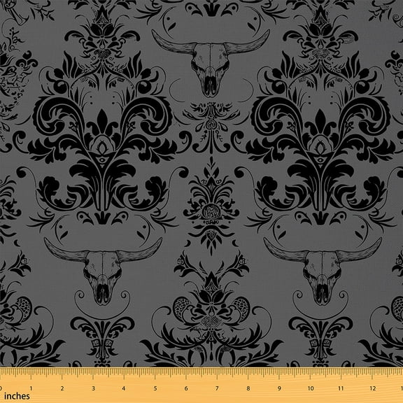 jejeloiu Gray Damask Fabric by the Yard 2 Yards,Gothic Flower Room Decor Fabric by the Yard,Farm Bull Skull Fabric for Sewing,Breathable Bedroom Decorative