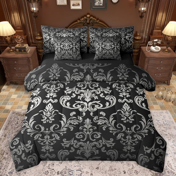 jejeloiu Gray Damsk Pattern 7-Piece Bedding Comforter Set,Rustic Baroque Victorian King Bedding Sets,Gothic Flower Floral Bed Sheets For Bots Teens,Ultra Soft Home Decor Reversible