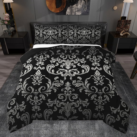 jejeloiu Gray Damsk Pattern Queen Comforter Set,Rustic Baroque Victorian Bedding Sets,Gothic Flower Floral Bedding Comforter Set For Bots Teens,Ultra Soft Home Decor Reversible,3-Piece