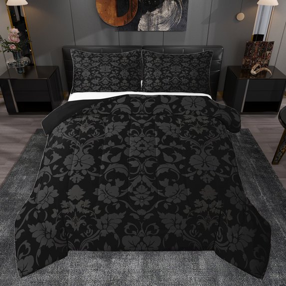 jejeloiu Gray Damsk Print Queen Comforter Set,Rustic Baroque Victorian Bedding Sets,Bohemian Exotic Floral Bedding Comforter Set For Bots Teens,Ultra Soft Home Decor Reversible,3-Piece