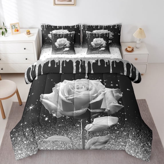 jejeloiu Gray Floral Rose Bedding Comforter Set 7 Pieces,Modern Aesthetic Art Full Bedding Set,Abstract Minimalist Aesthetic Fitted Sheet Flat Sheet,Microfiber Bedroom Decorative
