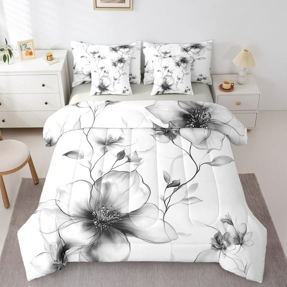 jejeloiu Gray Flower Floral 7pcs Bedding Comforter Set,Modern Aesthetic Art Queen Bedding Sets,Rustic Plant Queen Sheet Sets For Men Women,Breathable Home Decor Reversible