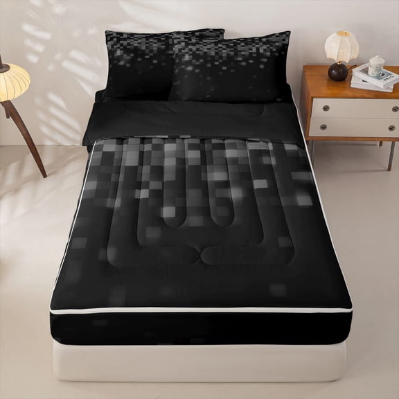 jejeloiu Gray Geometric Plaid Zipper Full Size Comforter Sets with Fitted Sheet and 2 Pillowcases Kids,Abstract Pixelated Miner Zipper Bedding Set For Boys,Reversible,4-Piece