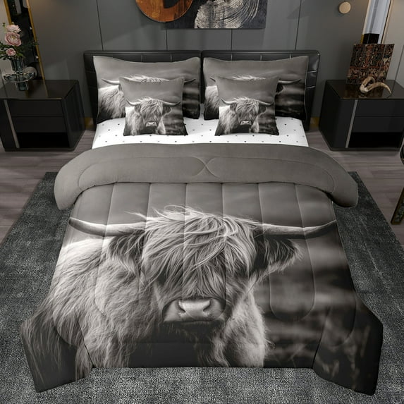 jejeloiu Gray Highland Cow 7-Piece Twin Bedding Sets,Rustic Farm Animal Bedding Comforter Set,Country Farmhouse Cattle Sheet Sets For Adult,Ultra Soft Home Decor Reversible