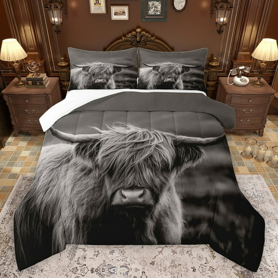 jejeloiu Gray Highland Cow Bedding Comforter Set,Rustic Farm Animal Twin Comforter Sets,Country Farmhouse Cattle Bedding Set For Adult,Ultra Soft Home Decor,2pcs