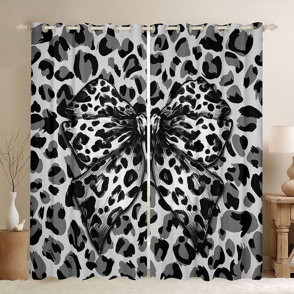 jejeloiu Gray Leopard Bow Blackout Curtains Set of 2 (52x84 Each),Chic Cheetah Print Window Curtains For Girls Kids
