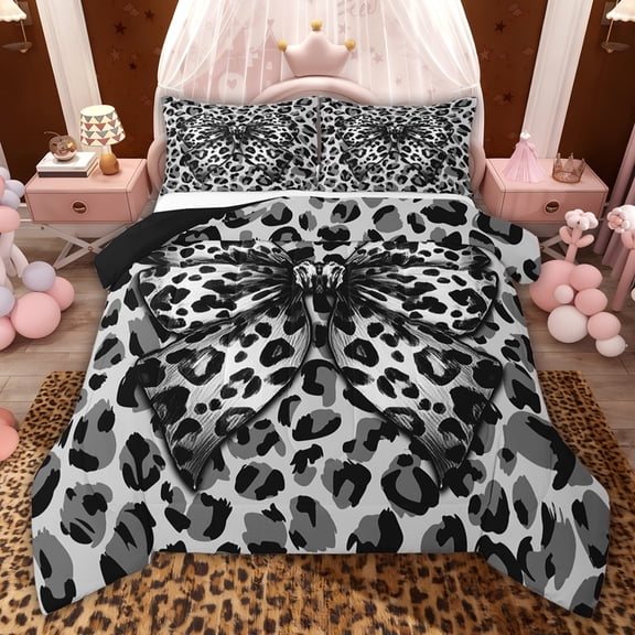 jejeloiu Gray Leopard Bow Twin Comforter Sets,Chic Cheetah Print Bedding Set For Girls Kids Reversible 2-Piece