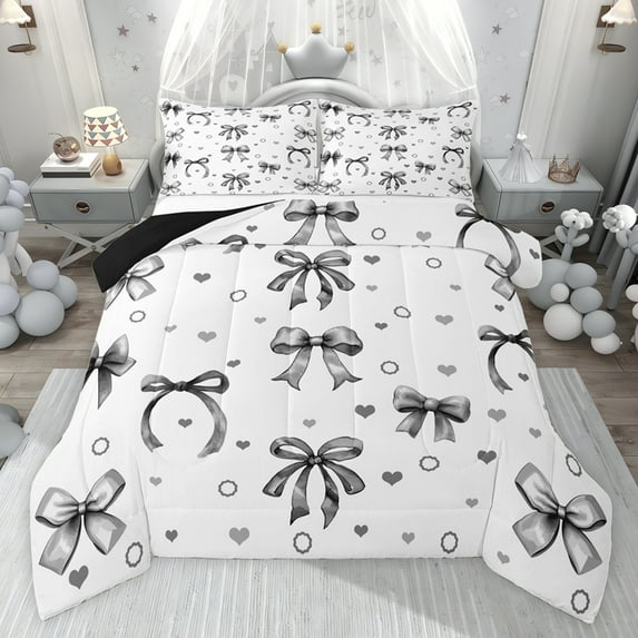 jejeloiu Gray Loves Circular Twin Comforter Sets,Gray Lovely Bow Bedding Set For Girls Reversible 2-Piece