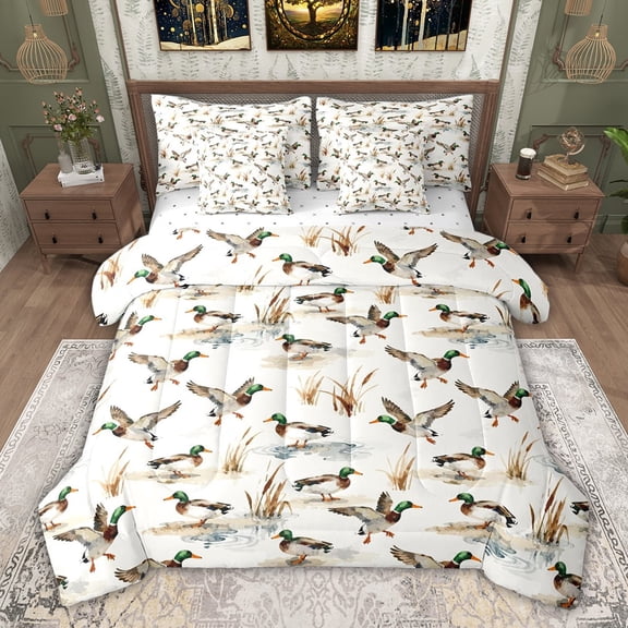 jejeloiu Gray Mallard Duck 7-Piece Twin Bedding Sets,Rustic Farmhouse Hunting Bedding Comforter Set For Boys Kids Reversible