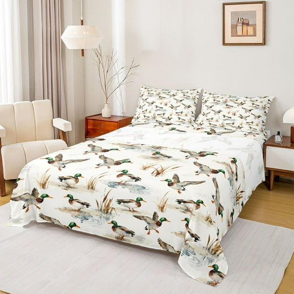 jejeloiu Gray Mallard Duck Full Size Sheets,Rustic Farmhouse Hunting Bed Sheets For Boys Kids 4 Pieces