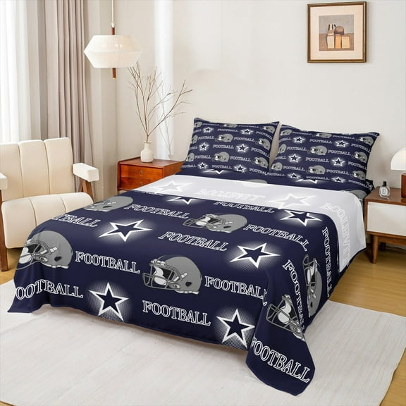 jejeloiu Gray Rugby Helmet Full Size Sheets,Ball Sport Games Bed Sheets,Gray Blue Sheet Sets For Boys Kids,Ultra Soft Room Decorative,4pcs