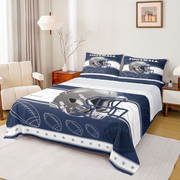 jejeloiu Gray Rugby Helmet Twin Sheet Sets,Football Game Love Twin Fitted Sheet,American Ball Gamer Flat Sheet For Boy,Breathable Home Decor,3-Piece