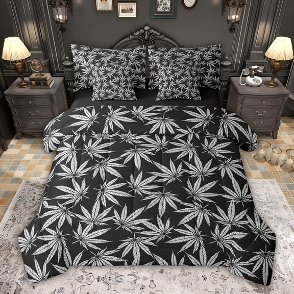 jejeloiu Gray Rustic Leaf 7pcs Bedding Comforter Set,Tropical Botanical Queen Bedding Sets For Adults Reversible
