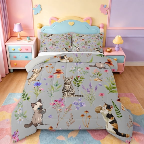 jejeloiu Gray Watercolor Cat Full Size Comforter Sets For Kids,Cute Floral Kitten Bedding Sets For Girl,Reversible,3-Piece