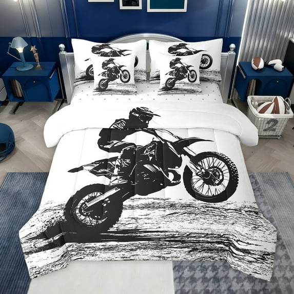 jejeloiu Gray White 7-Piece Bedding Comforter Set,Racing Motor Biker King Bedding Sets For Men Women Reversible