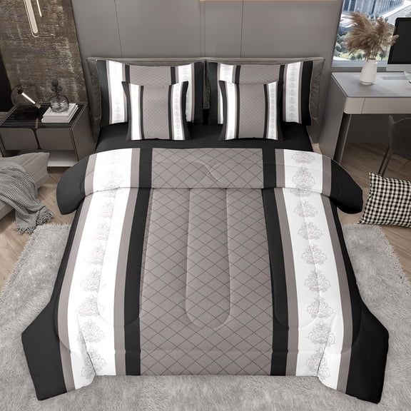 jejeloiu Gray White Black 7-Piece Bedding Comforter Set,Damask Baroque Victorian King Bedding Sets,Modern Geometric Abstract Bed Sheets For Teens,Microfiber Bedroom Decor Reversible
