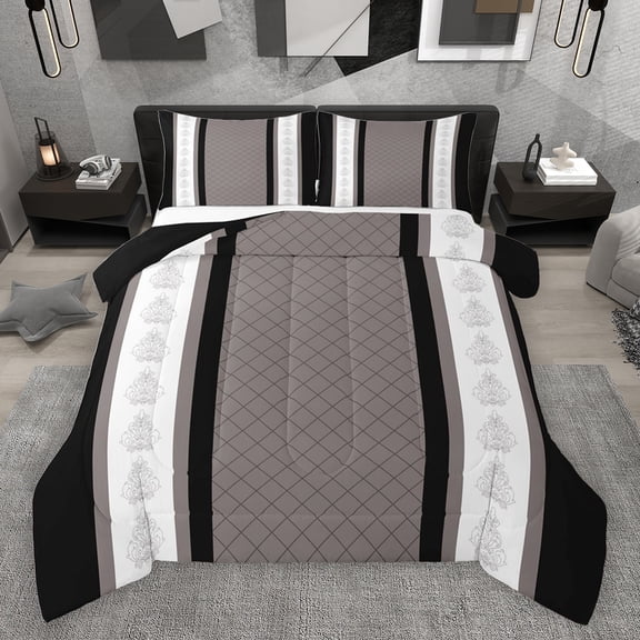 jejeloiu Gray White Black Bedding Comforter Set,Damask Baroque Victorian Twin Comforter Sets,Modern Geometric Abstract Bedding Set For Teens,Microfiber Bedroom Decor Reversible,2-Piece