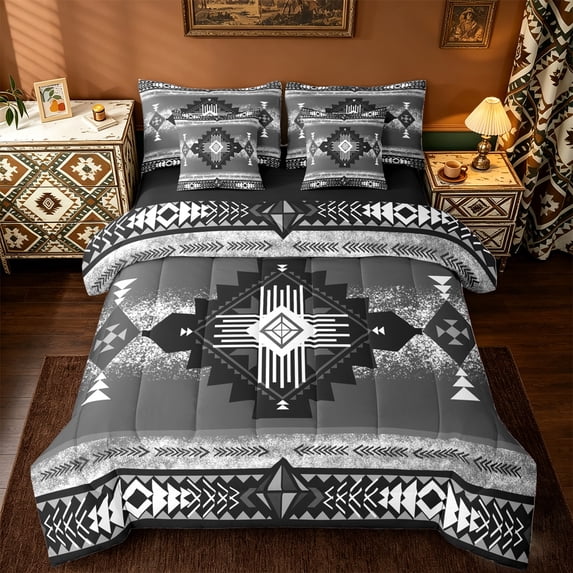 jejeloiu Gray White Geometric 7-Piece Twin Bedding Sets,Boho Exotic Style Bedding Comforter Set,Rustic Aztec Rhombus Sheet Sets For Adults,Super Cozy Room Decor Reversible
