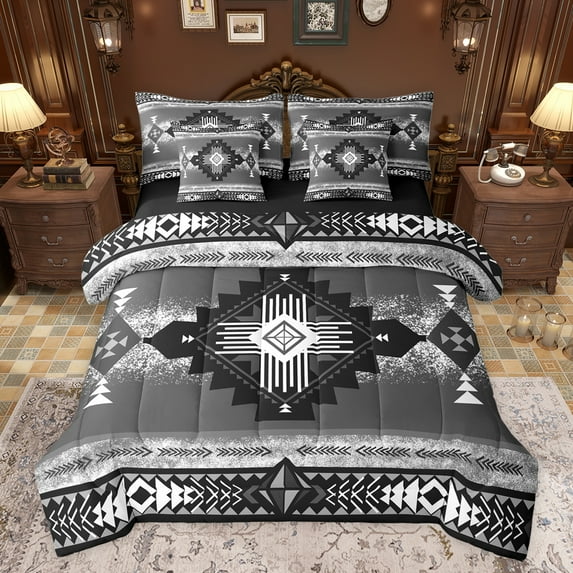 jejeloiu Gray White Geometric 7-Piece Twin Bedding Sets,Boho Exotic Style Bedding Comforter Set,Rustic Aztec Rhombus Sheet Sets For Adults,Super Cozy Room Decor Reversible