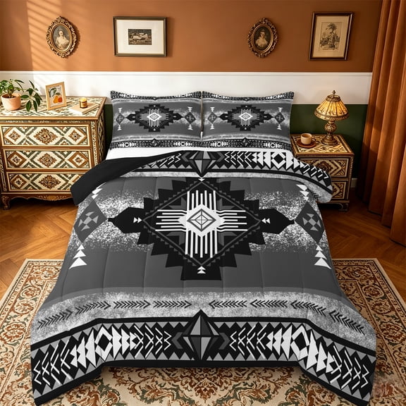 jejeloiu Gray White Geometric Queen Comforter Set,Boho Exotic Style Bedding Sets,Rustic Aztec Rhombus Bedding Comforter Set For Adults,Super Cozy Room Decor Reversible,3 Pieces