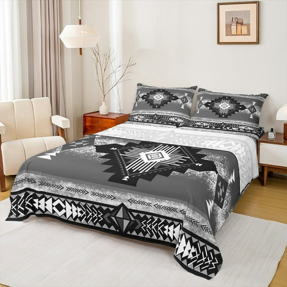 jejeloiu Gray White Geometric Twin Sheet Sets,Boho Exotic Style Twin Fitted Sheet,Rustic Aztec Rhombus Flat Sheet For Adults,Super Cozy Room Decor,3pcs