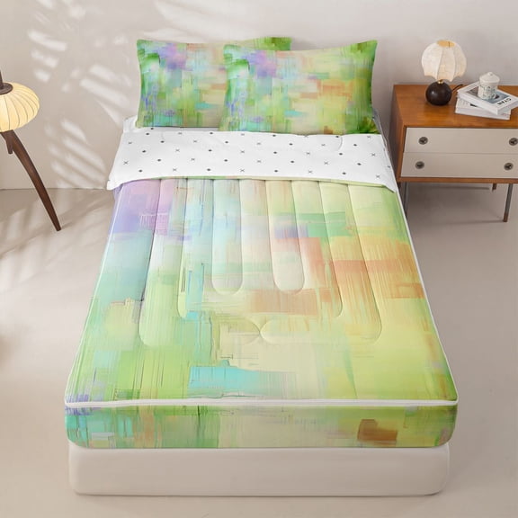 jejeloiu Green Abstract Aesthetic Zipper Twin Comforter Sets with Fitted Sheet and 2 Pillowcases Kids,Modern Graffiti Zipper Bedding Set,Reversible,4 Pieces