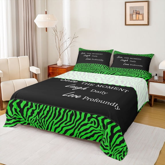 jejeloiu Green Black Stripes Queen Sheet Sets,Inspirational Quote Flat Sheet,Wild Animal Stripe Queen Fitted Sheet For Teens,Super Cozy Room Decor,4-Piece