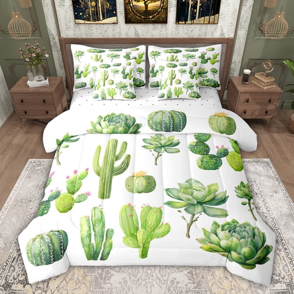 jejeloiu Green Botanical Cactus 7-Piece Bedding Comforter Set,Desert Plant King Bedding Sets For Girl Boy Reversible