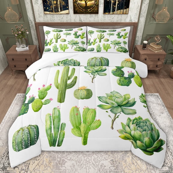jejeloiu Green Botanical Cactus Queen Comforter Set,Desert Plant Bedding Comforter Set For Girl Boy 3pcs