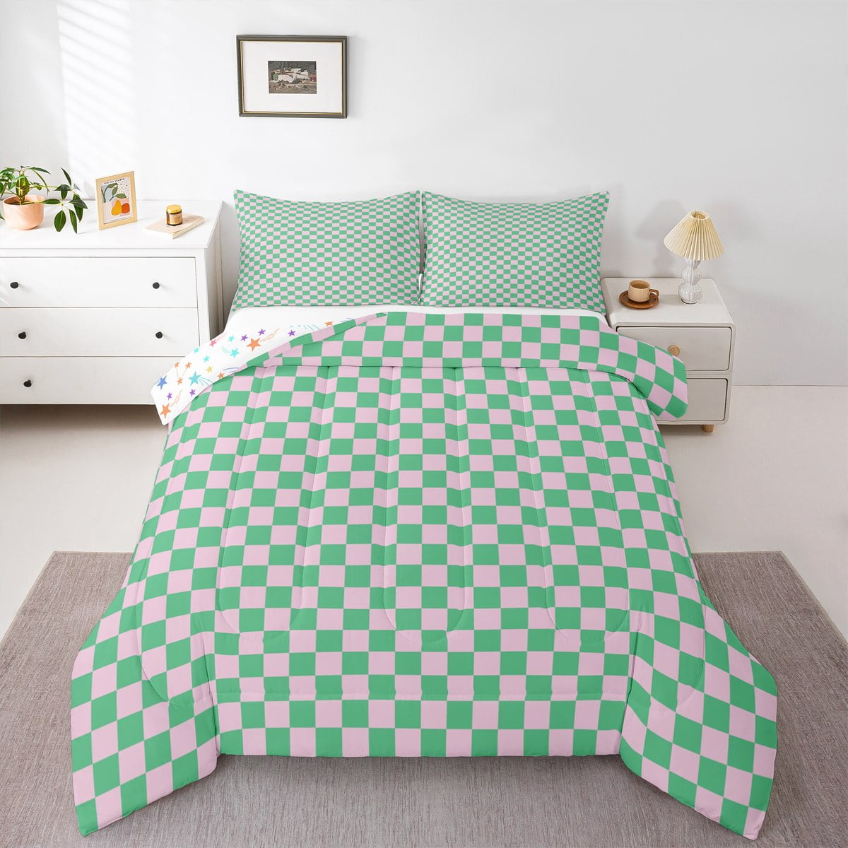 jejeloiu Green Buffalo Queen Comforter Set,Geometric Geometry Bedding ...