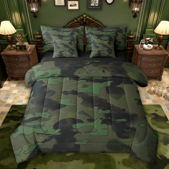 jejeloiu Green Camo Camouflage 7pcs Bedding Comforter Set,Farmhouse Rustic Queen Bedding Sets For Teens Kids Reversible