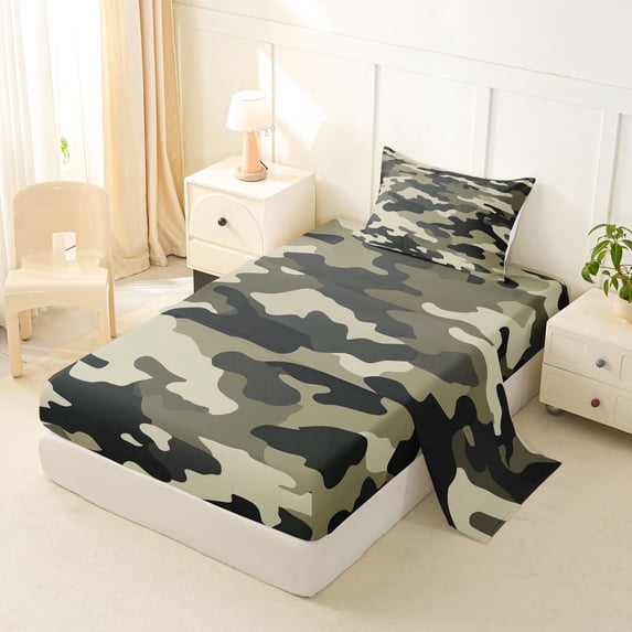 jejeloiu Green Camouflage Print Twin Sheet Sets,Rustic Farmhouse Hunting Bedding For Boys Kids 3-Piece