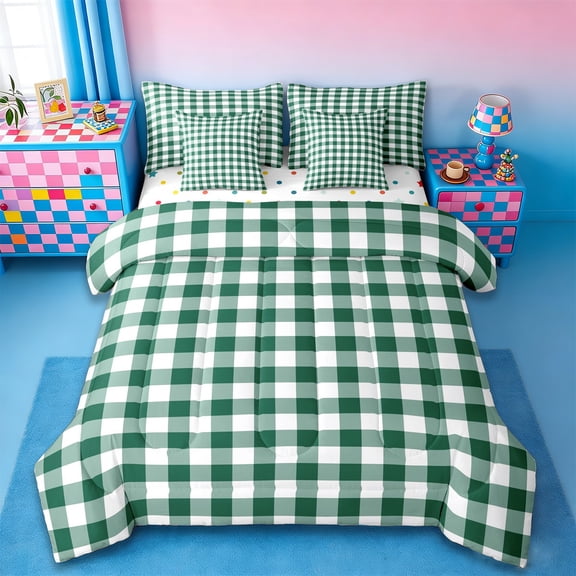 jejeloiu Green Checkered Bedding Comforter Set 7pcs,Geometric Geometric Queen Bedding Sets,Minimalism Artwork Queen Sheet Sets For Children,Ultra Soft Bedroom Decorative Reversible
