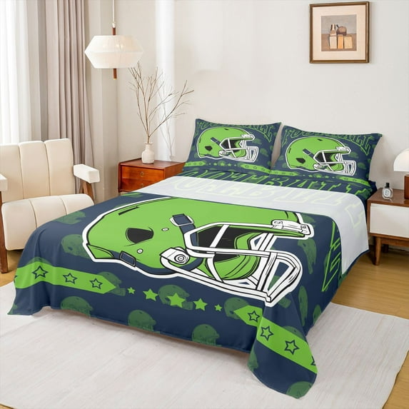 jejeloiu Green Football Helmet Bed Sheets,Boys Rugby Sport King Sheets For Kids 4-Piece