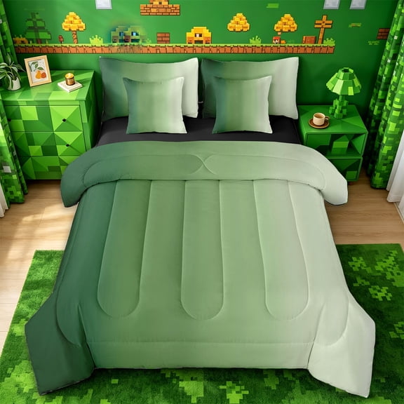 jejeloiu Green Gradient Texture 7pcs Bedding Comforter Set Kids,Rainbow Ombre Queen Bedding Sets,Reversible