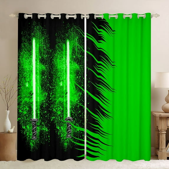 jejeloiu Green Lightsaber Blackout Curtains Set of 2 (52x84 Each),Modern Fashion Gaming Window Curtains,Teens Video Games Curtains and Drapes For Boys,Ultra Soft Home Decor
