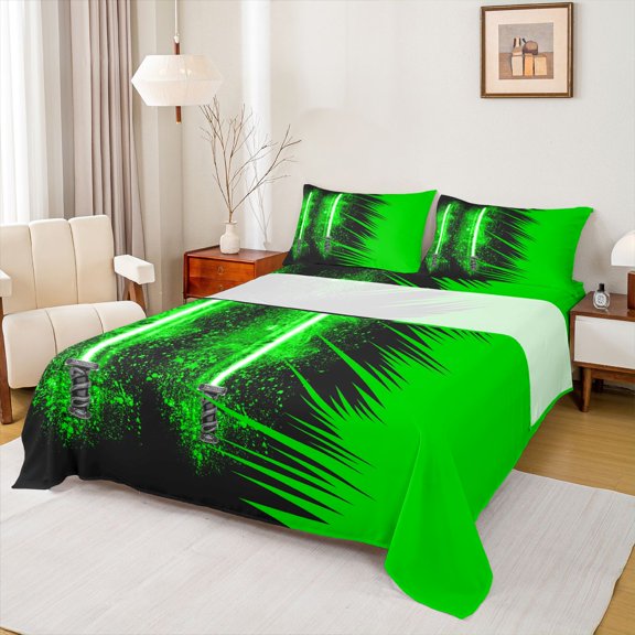 jejeloiu Green Lightsaber Twin Sheet Sets,Modern Fashion Gaming Twin Fitted Sheet,Teens Video Games Flat Sheet For Boys,Ultra Soft Home Decor,3-Piece