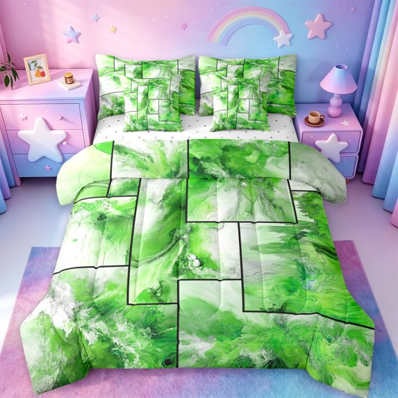 jejeloiu Green Marble Patchwork Art 7pcs Bedding Comforter Set Kids,Abstract Print Queen Bedding Sets,Reversible