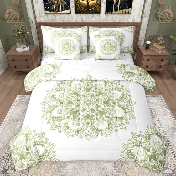 jejeloiu Green Medallion Floral 7pcs Bedding Comforter Set,Boho Mandala Queen Bedding Sets,Bohemian Aesthetic Queen Sheet Sets For Kids,Super Cozy Room Decor Reversible