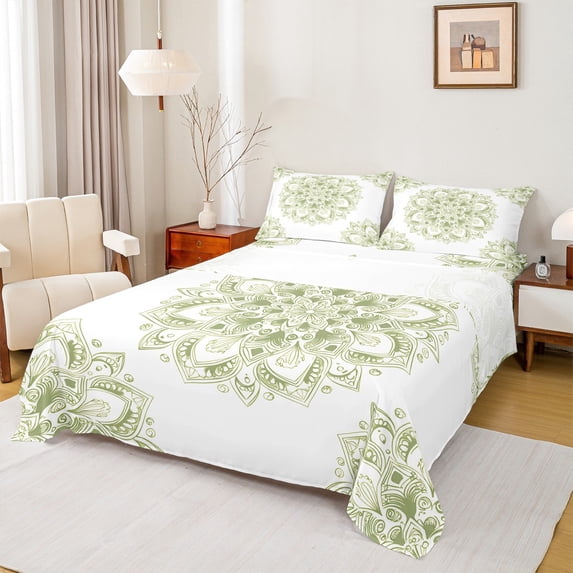 jejeloiu Green Medallion Floral Twin Sheet Sets,Boho Mandala Twin Fitted Sheet,Bohemian Aesthetic Flat Sheet For Kids,Super Cozy Room Decor,3-Piece
