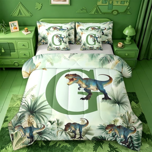 jejeloiu Green Monstera Leaf 7-Piece Twin Bedding Sets For Kids,Personalized Dinosaur Initial G Design Bedding Comforter Set For Boys,Light Gray Reversible